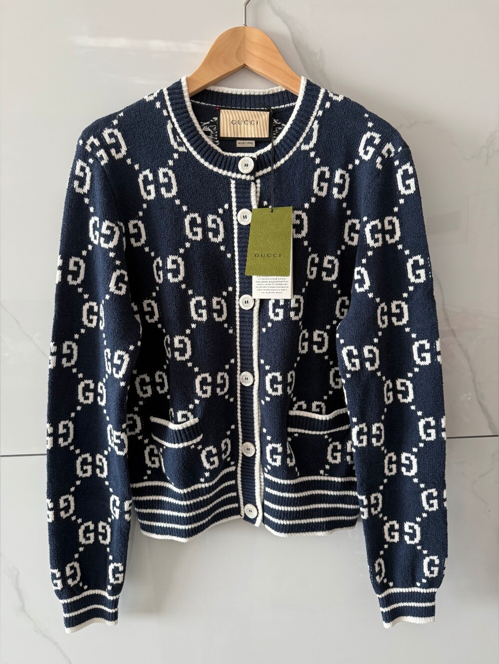 Gucci Navy and White GG Knit Cardigan